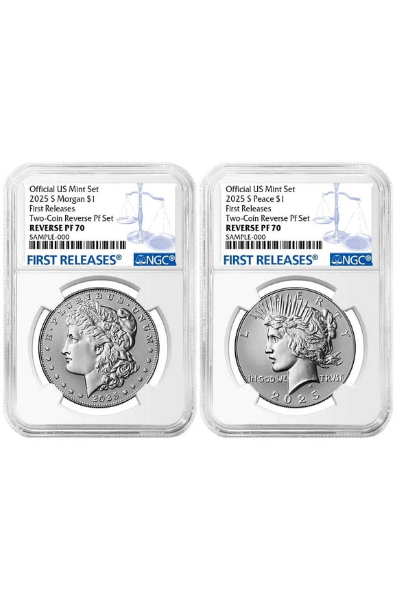 2pc Set - 2025-S Reverse Proof $1 Morgan and Peace Silver Dollar NGC PF70 FR Blue Label