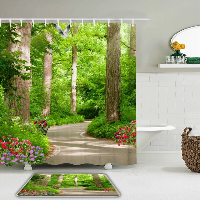 2pc/Set Bathroom Shower Curtain And Rug Waterproof Fabric Birch Forest