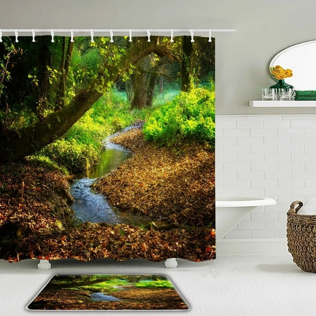 2pc/Set Bathroom Shower Curtain And Rug Waterproof Fabric Birch Forest