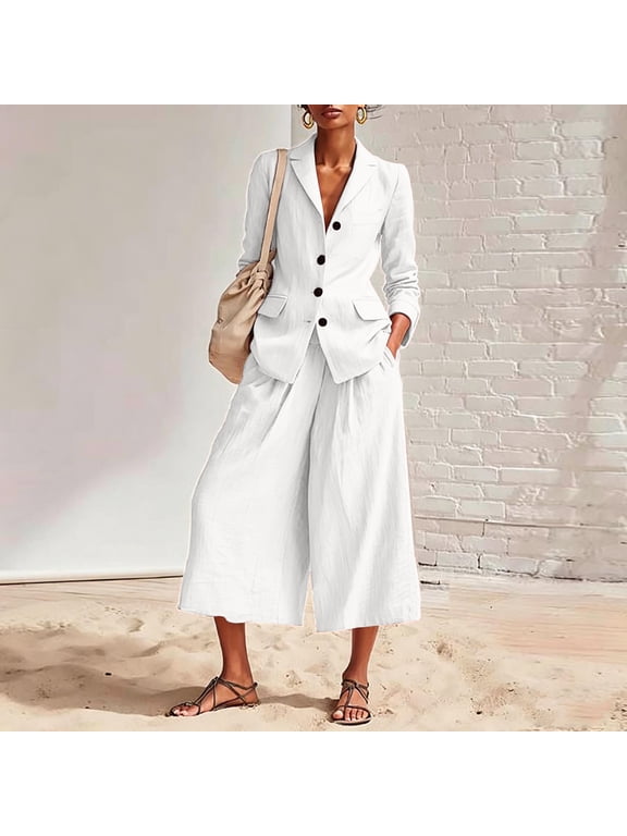 2pc Sets for Women Outfit Women's Linen Blazer Suit Button Blazer Jacket and High Waist Capris Wide Leg Culotte Pants, Elegant Casual Office Summer 2 Piece Outfit White L