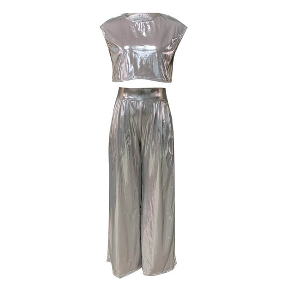 2pc Shiny Clubwear for Women Funny Trendy Night Out Evening Party Outfits Plus Size Sleeveless Tops and Pants for Summer Fall
