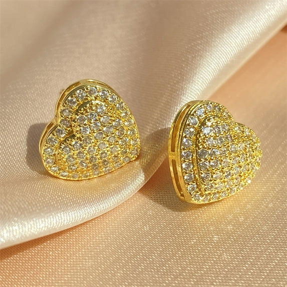 2pc Shiny Geometric Love Heart Shaped Copper Diamond Earrings for Women, 14k Gold Plated Sensitive Ear Crystal Party Wedding Valentine's Day Gift