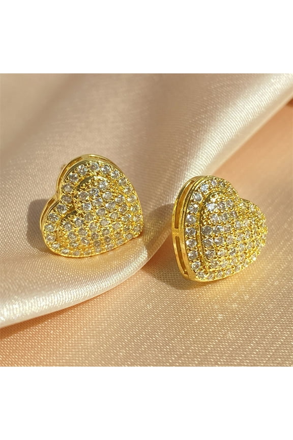 2pc Shiny Geometric Love Heart Shaped Copper Diamond Earrings for Women, 14k Gold Plated Sensitive Ear Crystal Party Wedding Valentine's Day Gift