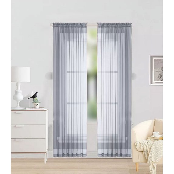 2pc Silver Solid Sheer Voile Window Curtain Set, Two (2) Rod Pocket Panels 55"W x 84"L (Each)