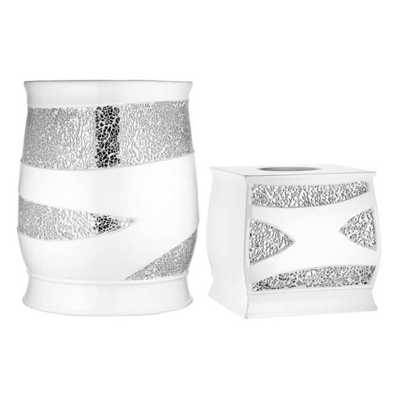 2pc Sinatra White Modern Bath Accessories Set Waste Basket & Tissue Box Modern Decorative Beautiful Designs Bathroom Decor Set for Home Luxury Bath Set Mosaic Glass