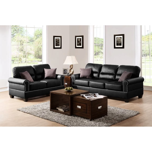 2pc Sofa Set in Black Bonded Leather, Plush Pillows / Cozy Seating for Family