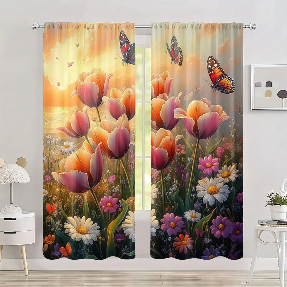 2pc Spring Curtain Beautiful flowers Versatile Polyester Without ...