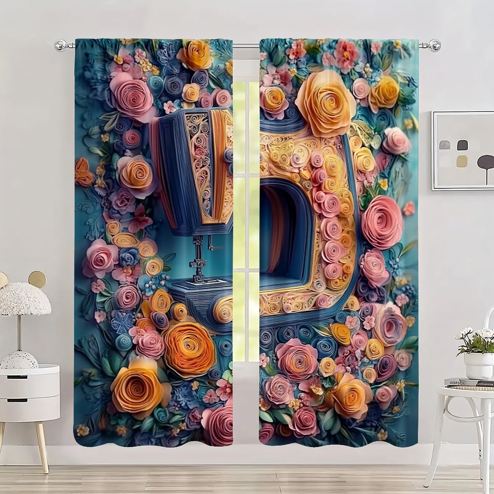 2pc Spring Festive Window Drapes flower sewing machine Polyester