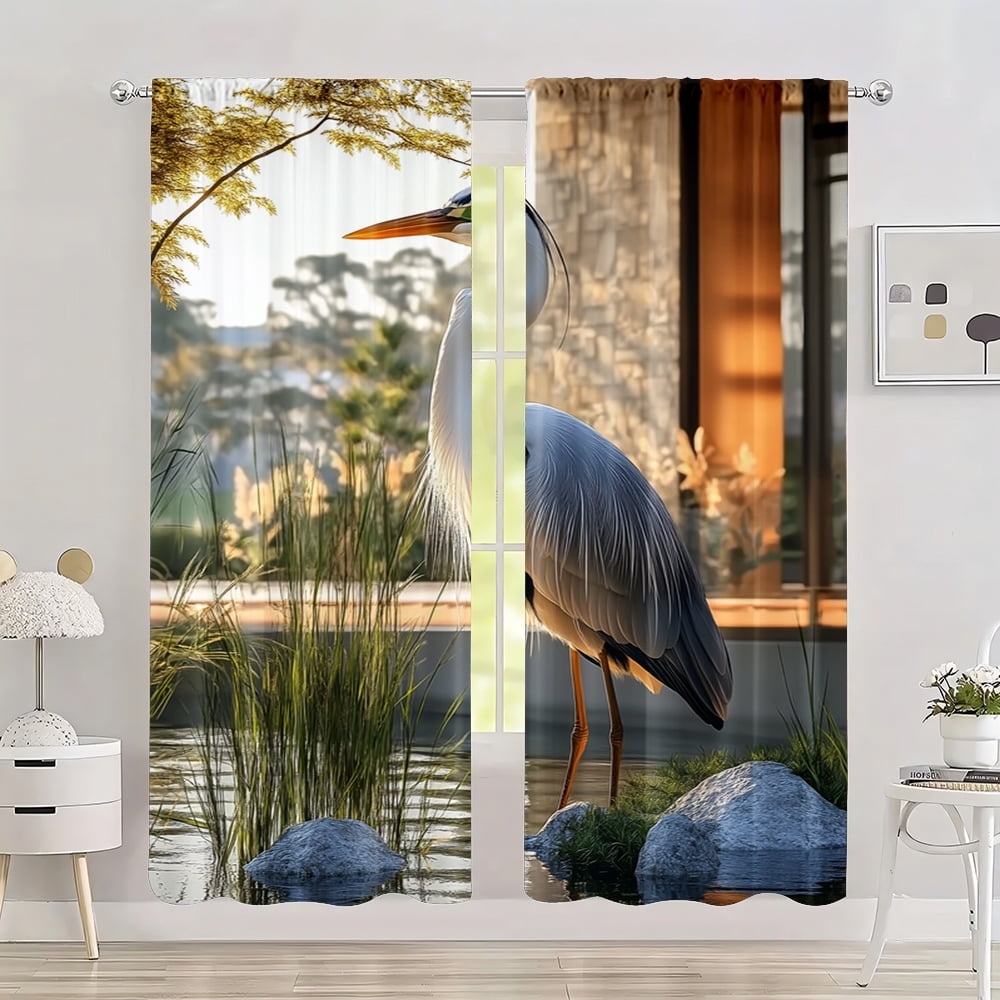 2pc Spring Window Curtain Red-crowned Crane Versatile Polyester Fabric ...