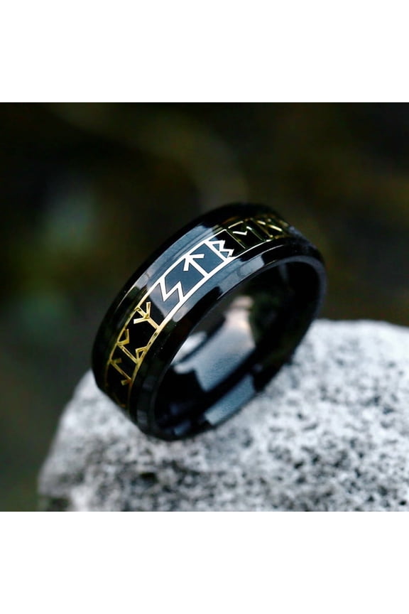 2pc Stainless Steel Words Finger Rings Rune Words Odin Norse Viking Amulet Jewelry Electrophoresis Black US Size 11(20.6mm)