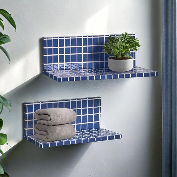 2pc Stylish Retro Blue Wavey Tile Floating Shelves for Wall - Modern Bathroom Organizers & Storage for Home & Kitchen, Bedroom & Living Room Decor, Book Corner Shelf - 6" x 6"