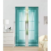 2pc Teal Blue Solid Sheer Voile Window Curtain Set, Two 2 Rod Pocket Panels 55W x 84L Each
