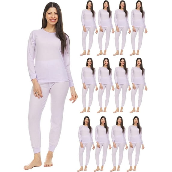 2pc Thermal Sets for Womens, Base Layer Long Johns Underwear, Top & Bottom, Cotton, Solid Colors (12 PACK PURPAL, Medium)