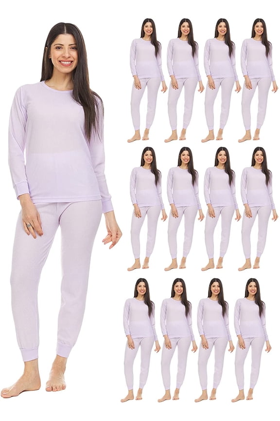 2pc Thermal Sets for Womens, Base Layer Long Johns Underwear, Top & Bottom, Cotton, Solid Colors (12 PACK PURPAL, Small)