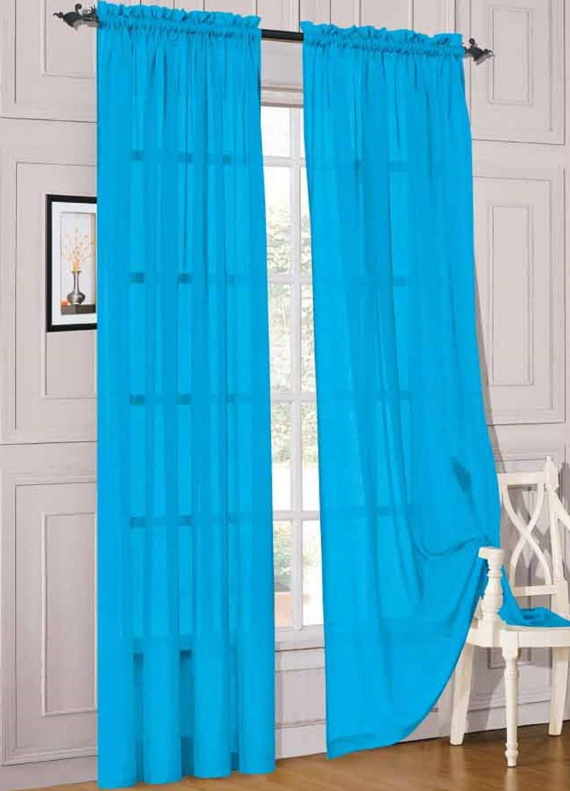SAMIMPORT-2011 2pc Turquoise Solid Sheer Voile Window Curtain Set, Two (2) Rod Pocket Panels 55"W x 84"L (Each)