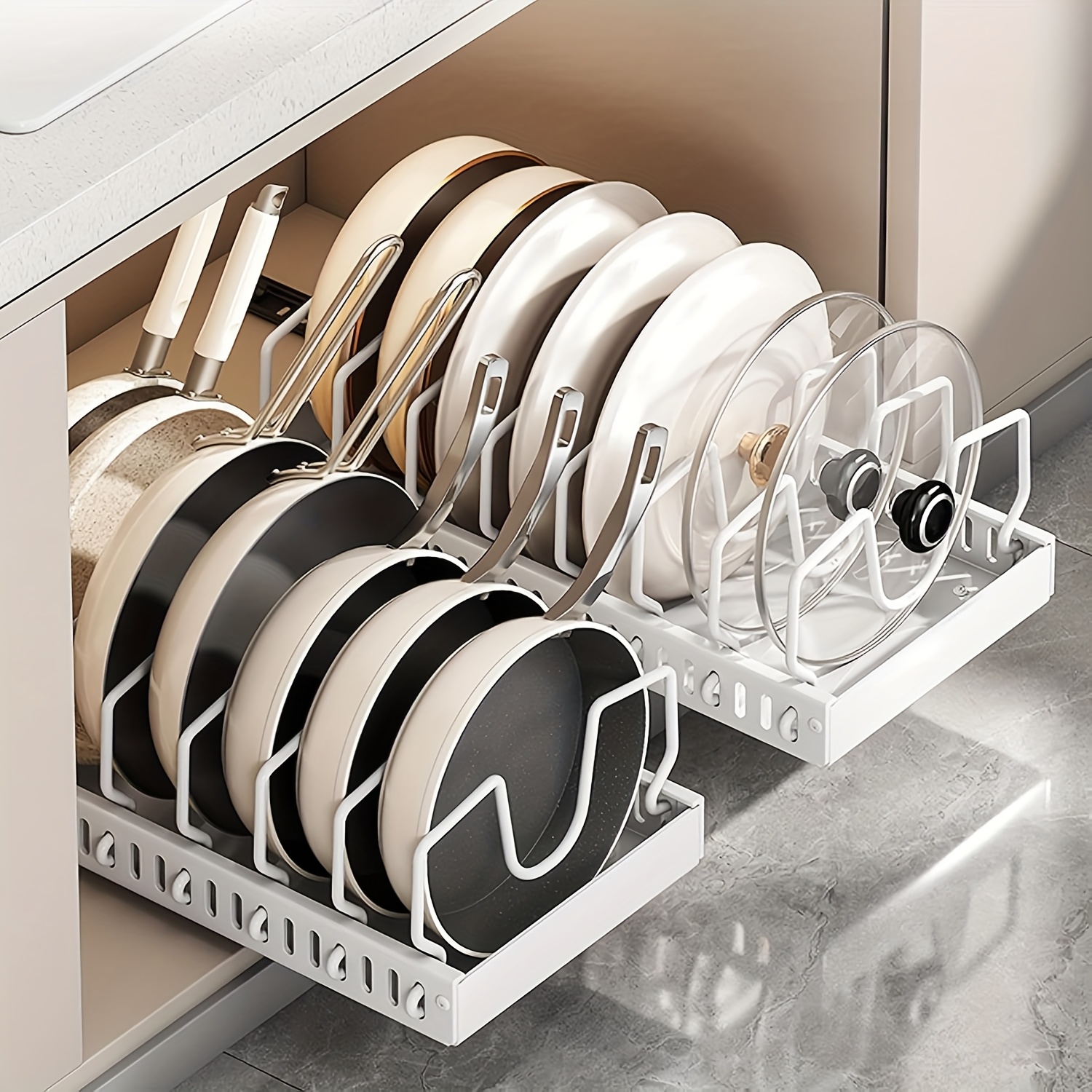 Counter Pot Rack 2pc Under Cabinet Pot Racks - Pull Out Sliding Organizers with 16 ...