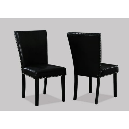 2pc Upholstered Dining Chairs, Black Faux Leather, Nailhead Trim, Tapered Legs, Modern Contemporary Room Style Leather , , Ease