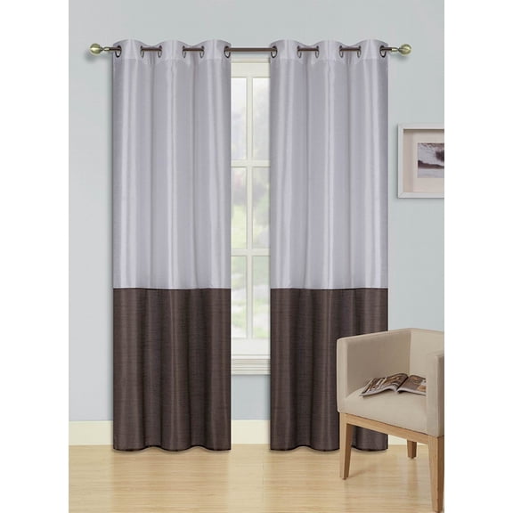 2pc WHITE BROWN HEIDI Faux Silk Drape Panel Top Chrome Metallic Grommet Window Curtain Treatment Drape 2 Shade 37 wide x 84 length