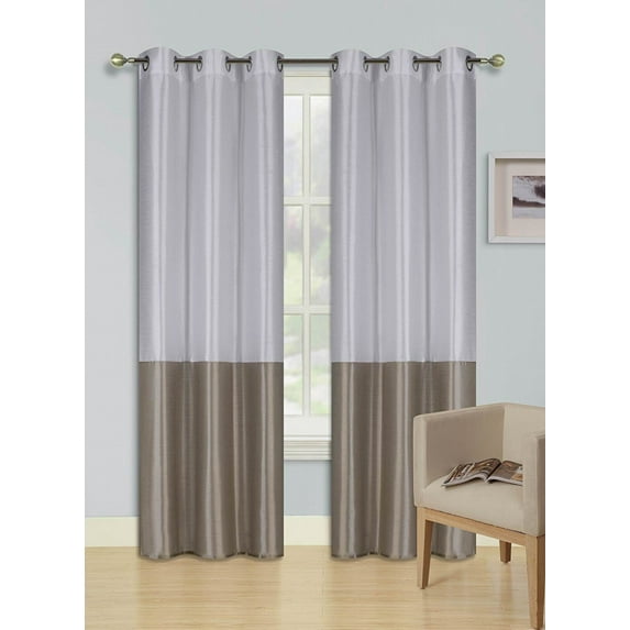 2pc WHITE TAUPE HEIDI Faux Silk Drape Panel Top Chrome Metallic Grommet Window Curtain Treatment Drape 2 Shade 37 wide x 84 length