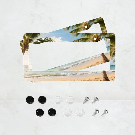 2pc White Color Beach Scene Pattern 2 Hole License Plate Frame, Aluminium Material, 6x12 Inches, with Screw Set, Retro Novelty Car Decoration Gift, Fits American Car License Plate Standard Size