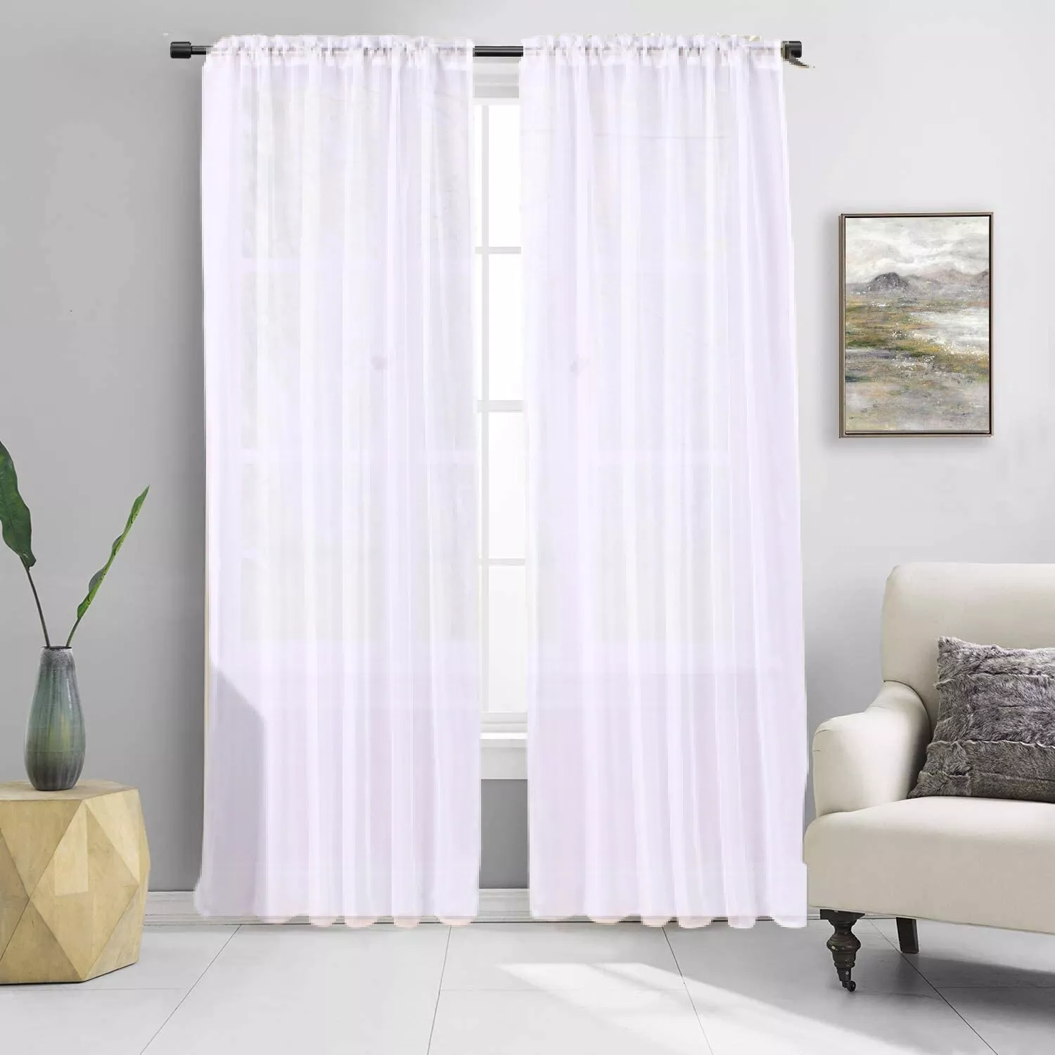 SAMIMPORT-2011 2pc White Solid Sheer Voile Window Curtain Set, Two (2) Rod Pocket Panels 55"W x 84"L (Each)