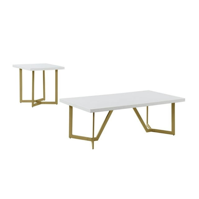 2pc White Wood Coffee Table Set with Gold Painted Legs