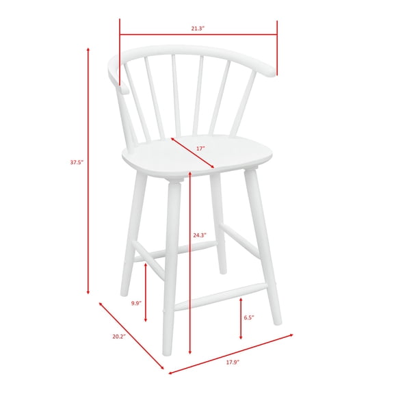 2pc White Wood Counter Height Stool Chairs with Spindle Back - Contemporary Kitchen & Dining Furniture - 21.3"W x 20.2"D x 37.5"H - Durable & Stylish Seating