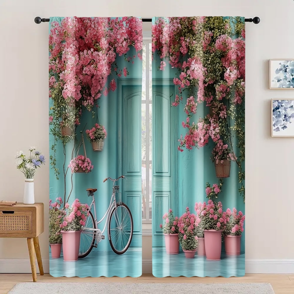 2pc Window Curtains Bike and Pink Flower Design Polyester Without