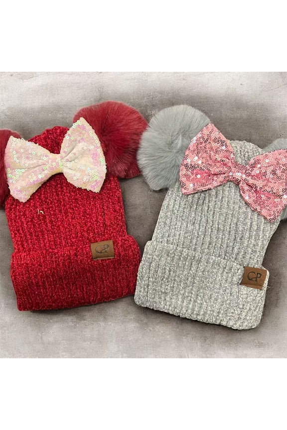 2pc Winter Minnie inspired Pom Beanie, Mickey minnie hat, winter hat , Mickey Minnie inspired , faux pearl beanie, Pom Pom hat / beanie