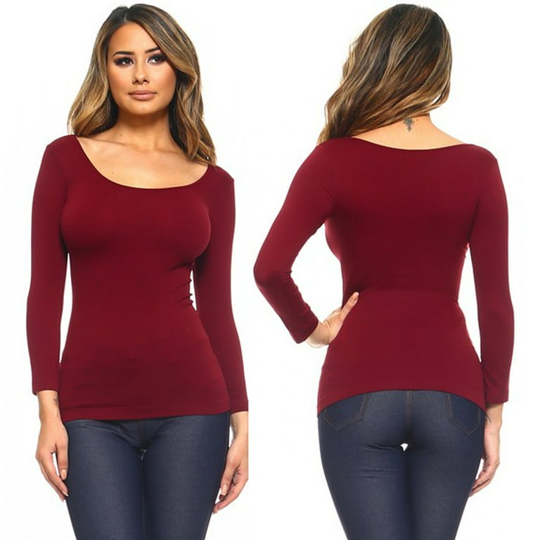 2pc Women Seamless Long Sleeve Shirt Scoop Neck Tunic Basic One Size Wine  Red 