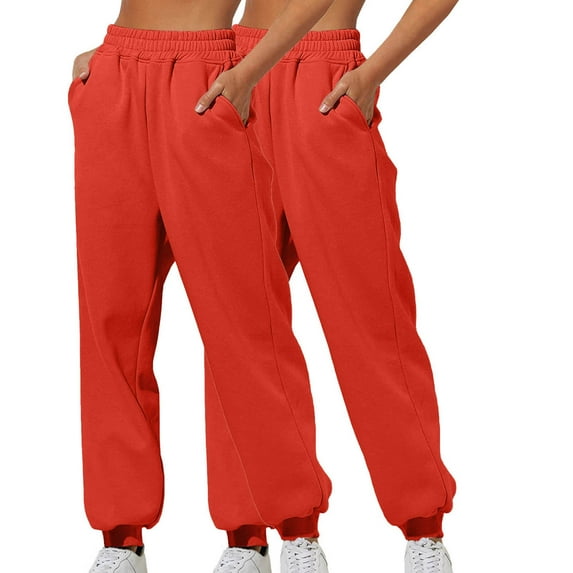 2pc Women's Casual Baggy Fleece Sweatpants High Waisted Joggers Pants Straight Open Pants S-133 Orange M