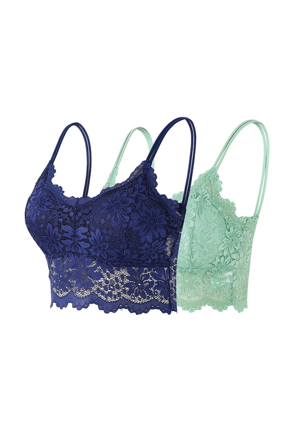 2pc Women's Longline Floral Lace Bra, Spaghetti Strap Scalloped Lace Wireless Everyday Brassiere Mint Green Longline Bras for Lady M