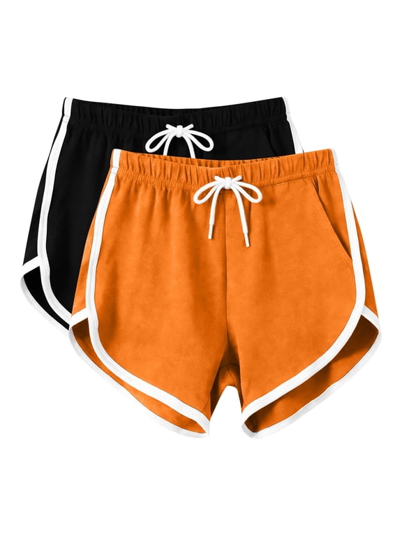 2pc Womens Athletic Mini Shorts Drawstring Vintage Color Block Running Workout Loungewear Yoga Shorts with Pockets Orange S