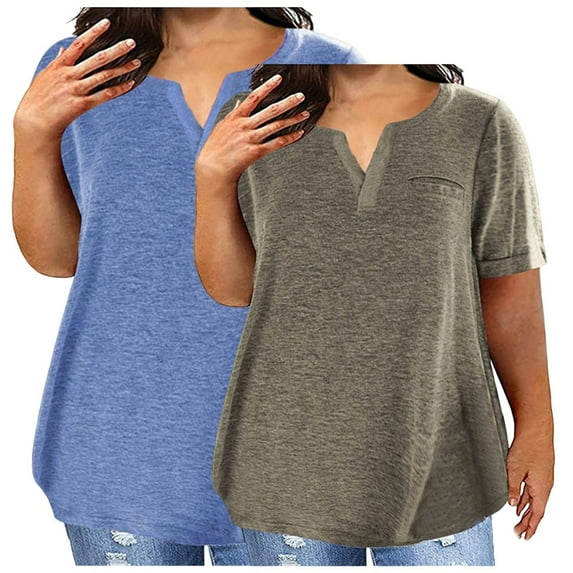 2pc Womens Plus Size T-Shirts Cotton Short Sleeve T Shirts Women Loose Summer Shirts Comfy Solid Color Tshirts (Gray 2XL)