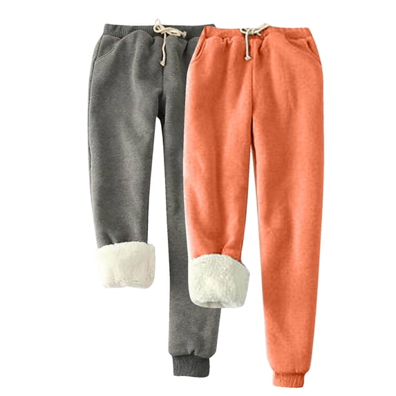 2pc Womens Winter Warm Sweatpants Fleece Joggers Yoga Pants Drawstring Elastic Waist Solid Color Athletic Active Trousers With Pockets,Orange 2,3XL