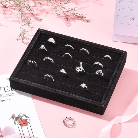 2pc Wooden Cuboid Jewelry Rings Displays Covered with Velvet with Sponge Inside Black 20x15x3.2cm