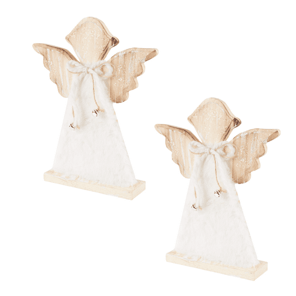 2pc Wooden Fur-Accented Angel Figures - for Christmas Decor - Factory Direct Craft