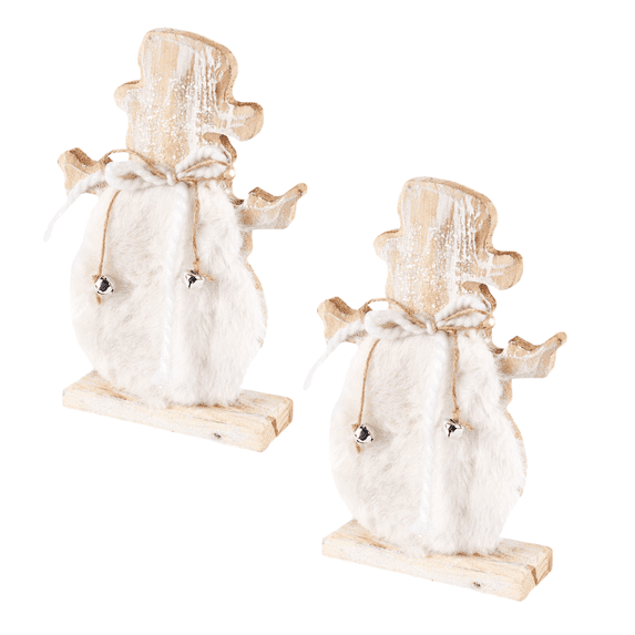 2pc Wooden Fur-Accented Snowmen Figures - for Christmas Decor - Factory Direct Craft