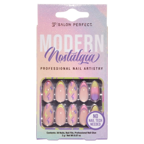 (2pck)Salon Perfect Artificial Press On Nails, 211 Modern Nostalgia Neon Lightning, Medium Almond Glue On Fake Nails, File & Nail Glue Included, 30 Nails