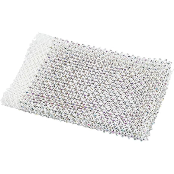 2pcs 0.48yards11.8inch Iron on White Rhinestone Stretch Mesh Fabric AB Color Bling Stretchy Mesh Sparkling Stretch Rhinestone Mesh for DIY Dress Netting Clothes Bag Party Decorations White
