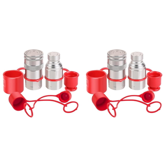 2pcs 1/2Inch NPT Skid Steer Hydraulic Couplers, Flat Face Quick Connect Fittings with 4PCS Dust Covers,2 x Quick Disconnect Coupler & Plug set 2set x Dust Covers,Silver & Red