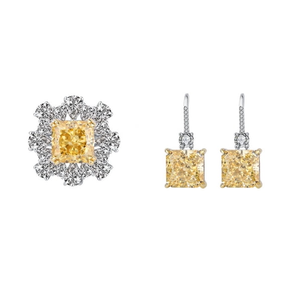 2pcs 10*10MM Square Yellow Jewelry Sets 925 Sterling Silver Rings Drop Earrings Set CZ Wedding Prom Costume Jewelry for Women Wife Size 5-9