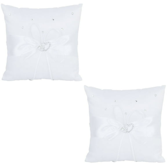 2pcs 10*10cm Double Heart Bridal Wedding Ceremony Pocket Ring Bearer Pillow Cushion with Satin Ribbons (White)
