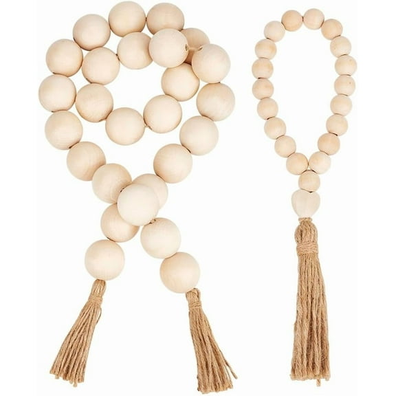 2pcs 10.2~49 Inch Farmhouse Wood Beads 10mm Dia Large Wood Beads Garland Boho Beads Garland Decor Wooden Beads Wood String Beads with Tassels for DIY