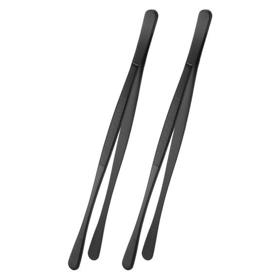 2pcs 10 Inch Fine Tweezer Tongs Extra-Long Stainless Steel Non-Slip Kitchen Cooking Tweezer Tongs with Round Tip for Repairing Roasting Barbecue Baking, Black