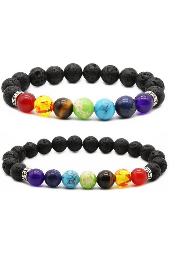 2pcs 10mm 8mm Lava Rock 7 Chakra Bracelet Aromatherapy Essential Oil Diffuser, Crystal, Style W4337