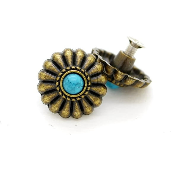 2pcs 11/16” Flower Concho Studs with Synthetic Turquoise, Screw Back for Wallets & Bracelets CHS04 (Antique Brass)