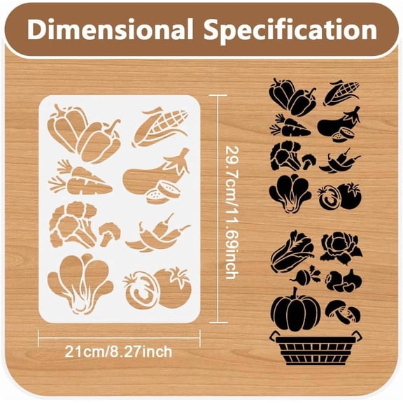 2pcs 11.69"x8.27" Farm Vegetables Wall Stencil Templates Pumpkin Mushroom Broccoli Reusable Plastic Stencil for Painting on Wood Floor Tile Fabric Glass Furniture Pepper Corn Eggplant DIY Home Decor
