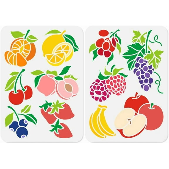 2pcs 11.69"x8.27" Fruit Wall Stencil Templates Orange Peach Cherry Reusable Plastic Stencil for Painting on Wood Floor Tile Fabric Glass Furniture Lemon Grape DIY Home Decor Template Colorful