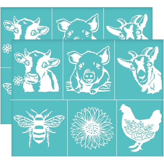 2pcs 11x8.6 inch Silk Screen Printing Stencils Farmhouse Animal Self-Adhesive Pig Cow Stencils Reusable Mesh Transfer Plastic